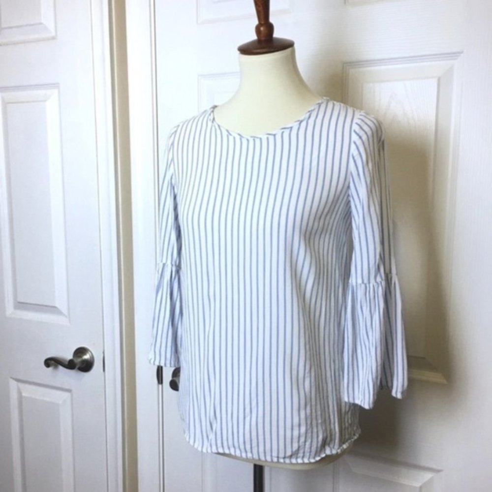 NEW Zara Blue White Striped Bell Sleeve Lightweight Top